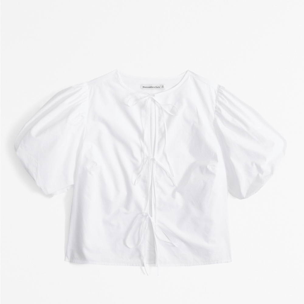 White Puff Sleeve Tie Front Top